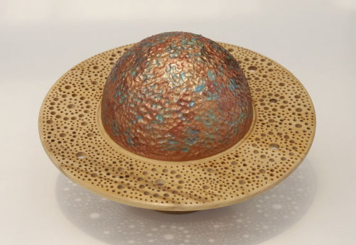 Turned, textured and painted planet box with pierced rim