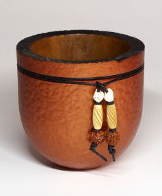 Wooden Hard Pear bowl - hammered, acrylics, beads and leather